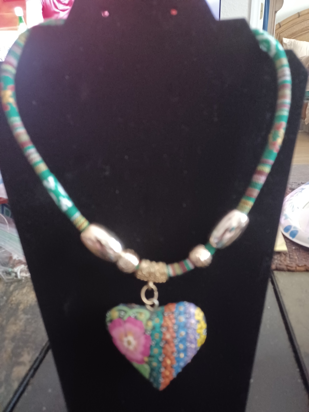 Colorful Heart Pendant Necklace with Multicolor Beaded Cord